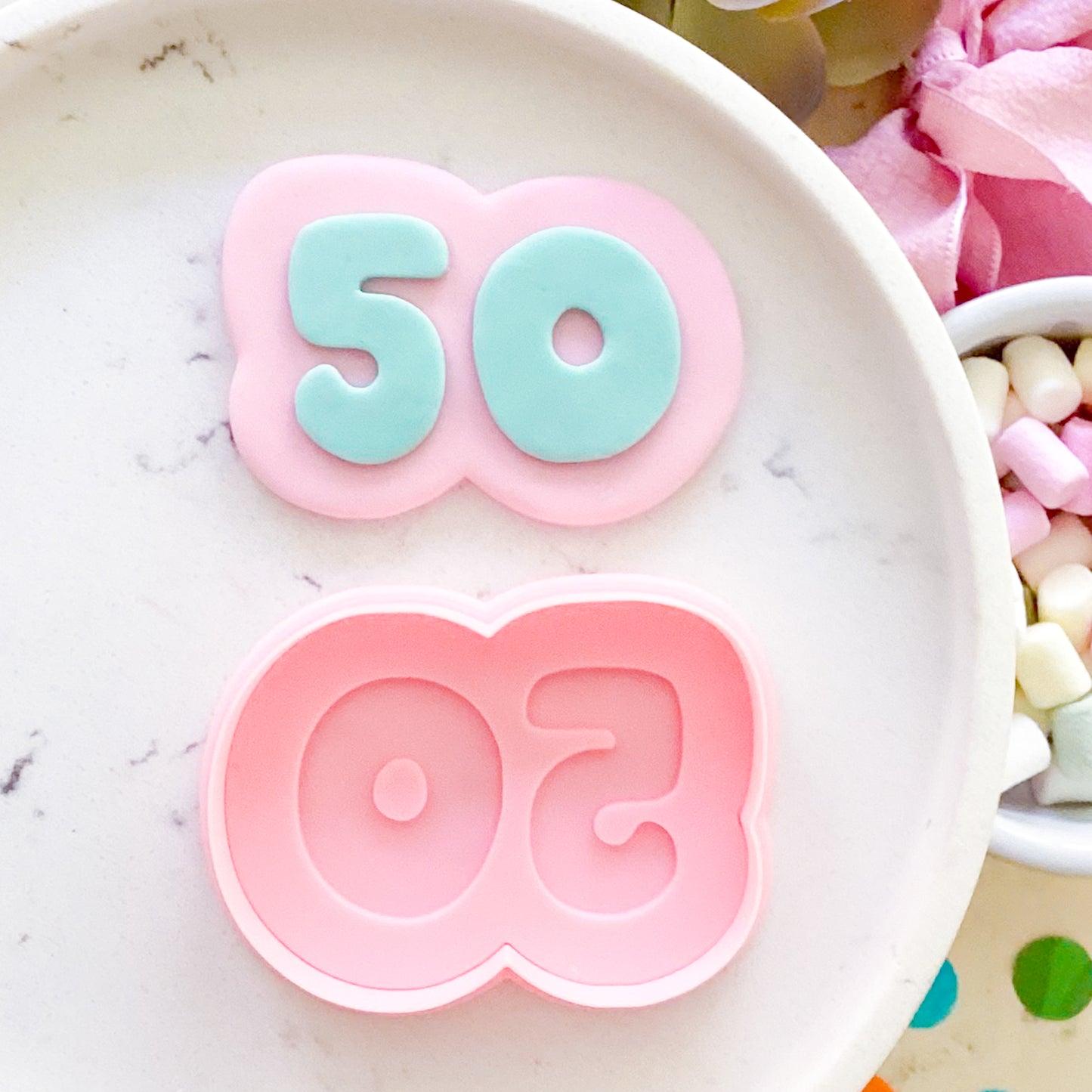 "50" Bubble Font - Cookie Stamp & Cutter Set